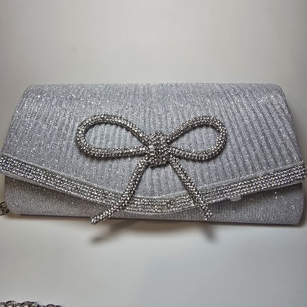 Silver Rhinestone Bow Clutch Purse Glitter Evening Bag Chain Prom Wedding